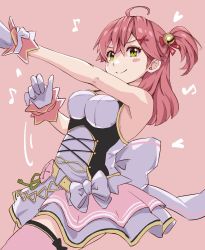 Rule 34 | 1girl, ahoge, armpits, bare shoulders, bell, blush, gloves, green eyes, hair bell, hair ornament, highres, hololive, idol clothes, musical note, official alternate costume, parted lips, pink background, pink hair, sakura miko, solo, tmo-cat, virtual youtuber, white gloves