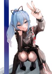 Rule 34 | 1girl, absurdres, artist request, asymmetrical clothes, belt, black gloves, black nails, black ribbon, blue eyes, blue hair, chest belt, closed mouth, commentary, ear piercing, earrings, fingernails, floral print, full body, gloves, hair ribbon, high collar, highres, hololive, hoshimachi suisei, hoshimachi suisei (shout in crisis), jewelry, long hair, long sleeves, official alternate costume, official alternate hairstyle, piercing, ponytail, ribbon, single glove, smile, solo, v, virtual youtuber, yagi0illust