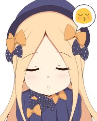 Rule 34 | 1girl, :o, abigail williams (fate), absurdres, black bow, black dress, black hat, blonde hair, blue eyes, blush, bow, closed eyes, commentary request, dress, emoticon, facing viewer, fate/grand order, fate (series), forehead, hair bow, hat, highres, long hair, looking at viewer, mitchi, o3o, orange bow, parted bangs, parted lips, polka dot, polka dot bow, puckered lips, simple background, solo, upper body, white background