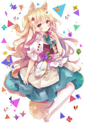 Rule 34 | 1girl, absurdres, animal ear fluff, animal ears, blue bow, blue skirt, blush, bow, commentary, flower, full body, hand up, highres, light brown hair, long hair, looking at viewer, no shoes, original, pantyhose, parted lips, pink bow, pocket watch, puffy short sleeves, puffy sleeves, purple eyes, purple flower, shirt, short sleeves, simple background, skirt, solo, symbol-only commentary, tail, tsukiyo (skymint), two side up, very long hair, watch, white background, white pantyhose, white shirt