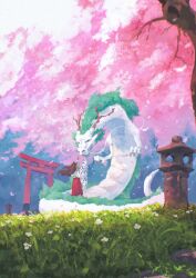 Rule 34 | 1girl, absurdres, brown hair, cherry blossoms, chinese zodiac, day, dragon, eastern dragon, flower, grass, highres, japanese clothes, long hair, original, outdoors, saisho (qpoujr), stone lantern, torii, tree, year of the dragon
