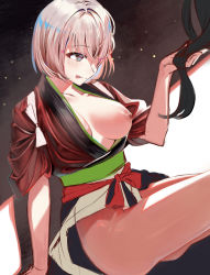 Rule 34 | 1girl, absurdres, blonde hair, bottomless, breasts, closed mouth, flatttt, highres, holding another&#039;s hair, japanese clothes, kimono, large breasts, lycoris recoil, nipples, nishikigi chisato, one breast out, red eyes, red kimono, red ribbon, ribbon, short hair, short kimono, sleeves rolled up, thighs, tongue, tongue out