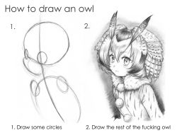 Rule 34 | 10s, 1girl, artist name, blush, closed mouth, coat, commentary, english text, from side, fur collar, greyscale, hair between eyes, highres, how to draw an owl (meme), isaki tanaka, kemono friends, meme, monochrome, multicolored hair, northern white-faced owl (kemono friends), profanity, signature, sketch, upper body, white background