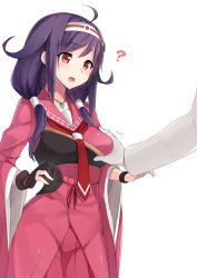Rule 34 | 10s, 1girl, ?, ahoge, blush, breasts, gloves, grabbing, grabbing another&#039;s breast, hair ornament, hairband, hsuliherng, kantai collection, long hair, magatama, medium breasts, muneate, open mouth, partially fingerless gloves, partly fingerless gloves, purple hair, red eyes, ryuuhou (kancolle), simple background, solo focus, taigei (kancolle), white background, yugake