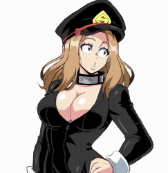 Rule 34 | 1girl, animated, animated gif, bodysuit, boku no hero academia, bouncing breasts, breasts, brown eyes, brown hair, cleavage, collar, hat, large breasts, lewdamone, long hair, long sleeves, nipples, no bra, one eye closed, open bodysuit, open clothes, peaked cap, simple background, smile, solo, tongue, tongue out, undressing, upper body, utsushimi kemii, white background, wink, wrist cuffs