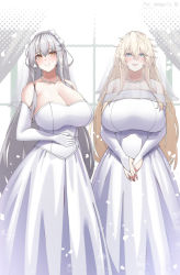 Rule 34 | 2girls, absurdres, alternate costume, bare shoulders, blonde hair, blue eyes, breasts, bridal gauntlets, bridal veil, bride, cleavage, collarbone, commission, dress, elbow gloves, facial scar, gangut (kancolle), gloves, grey hair, hair ornament, hairclip, highres, huge breasts, iowa (kancolle), jewelry, kantai collection, konoshige (ryuun), long hair, looking at viewer, multiple girls, necklace, orange eyes, pearl necklace, scar, scar on cheek, scar on face, skeb commission, sleeveless, sleeveless dress, smile, standing, strapless, strapless dress, veil, very long hair, wedding dress, white dress, white gloves
