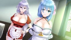 Rule 34 | 2girls, :o, apron, bare shoulders, blue eyes, blue hair, breasts, cleavage, closed mouth, collar, covered erect nipples, cup, drinking glass, eyebrows, flower, game cg, hair between eyes, hair flower, hair ornament, hair over one eye, hand on own hip, high ponytail, holding, huge breasts, indoors, irene (paizuri fiancee), large breasts, legs, long hair, looking at viewer, maid, maid apron, maid headdress, marianelli, matching hair/eyes, multiple girls, open mouth, original, paizuri fiancee, ponytail, purple eyes, purple hair, short hair, standing, thighs, tray, uni8, wall, white legwear, wrist cuffs