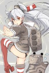 Rule 34 | 10s, 1girl, amatsukaze (kancolle), anchor, black panties, brown eyes, crying, crying with eyes open, dress, fighting stance, flying sweatdrops, garter straps, gloves, hair ornament, high heels, kantai collection, long hair, machinery, mushiboy, no pants, open mouth, panties, personification, rensouhou-kun, sailor dress, school uniform, serafuku, short dress, silver hair, single glove, solo, standing, standing on one leg, strap, striped clothes, striped thighhighs, sweat, sweatdrop, tears, thighhighs, twintails, two side up, underwear