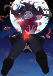 Rule 34 | 1girl, absurdres, black bow, black skirt, black thighhighs, blue eyes, bow, brown hair, fate/stay night, fate (series), floating hair, from below, full moon, gem, hair bow, highres, long hair, long sleeves, looking at viewer, magic, massiro nekorin, miniskirt, moon, night, open mouth, outdoors, panties, pantyshot, pleated skirt, red sweater, skirt, solo, sweater, thighhighs, tohsaka rin, twintails, underwear, very long hair, white panties