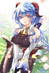Rule 34 | absurdres, ahoge, bare shoulders, bell, black legwear, blue hair, blush, breasts, detached sleeves, field, flower, flower field, from above, ganyu (genshin impact), genshin impact, gold trim, grass, high heels, highres, horns, keiri org, long hair, looking at viewer, medium breasts, neck bell, outdoors, parted lips, petals, purple eyes, red rope, rope, sidelocks, sitting, smile, solo, thighlet, wariza, white sleeves