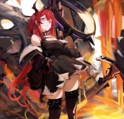 Rule 34 | 1girl, absurdres, arknights, demon, demon girl, demon horns, detached collar, dress, gnai, highres, holding, holding weapon, horns, jacket, lava, long hair, looking at viewer, purple eyes, red hair, slit pupils, solo, surtr (arknights), sword, weapon