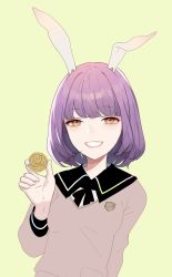 Rule 34 | 1girl, animal ears, bad id, bad twitter id, black ribbon, bob cut, breasts, brown sweater, chinese commentary, commentary request, grin, hand up, highres, holding, lips, long sleeves, looking at viewer, neck ribbon, orange eyes, pink lips, purple hair, rabbit ears, reeh (yukuri130), reisen, ribbon, simple background, small breasts, smile, solo, sweater, touhou, upper body, yellow background