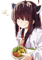 Rule 34 | 1girl, ^ ^, ahoge, blush, brown hair, chopsticks, closed eyes, closed mouth, commentary request, food, food on face, hair between eyes, headgear, holding, holding chopsticks, holding plate, japanese clothes, kimono, lamb (hitsujiniku), long sleeves, plate, simple background, solo, touhoku kiritan, voiceroid, white background, white kimono, wide sleeves