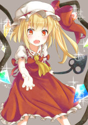 Rule 34 | 1girl, ascot, blonde hair, blush, bokunenjin, bow, collar, dress, fangs, flandre scarlet, frilled collar, frilled hat, frilled shirt collar, frilled skirt, frills, hat, hat bow, highres, laevatein, looking at viewer, mob cap, open mouth, red dress, red eyes, side ponytail, skirt, solo, touhou, wings