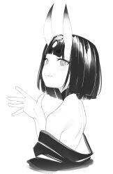 Rule 34 | 1girl, absurdres, bare back, bare shoulders, blush, bob cut, choker, fang, fate/grand order, fate (series), greyscale, hand up, headpiece, highres, horns, japanese clothes, kimono, light smile, looking at viewer, monochrome, off shoulder, oni, ri-el, short hair, shuten douji (fate), simple background, sketch, skin-covered horns, solo, upper body, waving