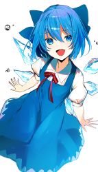 Rule 34 | 1girl, absurdres, blue bow, blue dress, blue eyes, blue hair, bow, cirno, collared shirt, dress, fang, hair between eyes, hair bow, highres, ice, ice wings, ikasoba, looking at viewer, open mouth, shirt, short hair, short sleeves, simple background, skin fang, smile, solo, touhou, white background, white shirt, wings