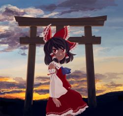 Rule 34 | 1girl, arms at sides, ascot, black hair, blue ascot, bow, closed mouth, cloud, cowboy shot, detached sleeves, frilled bow, frilled hair tubes, frills, from side, hair bow, hair tubes, hakurei reimu, looking at viewer, looking to the side, medium hair, outdoors, red bow, red eyes, red skirt, red vest, ribbon trim, sidelocks, skirt, skirt set, sky, smile, solo, sunset, torii, touhou, vest, white sleeves, wide sleeves, you taira