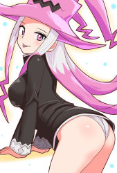 Rule 34 | 1girl, alternate breast size, ass, bent over, black coat, blush, breasts, coat, cougar (cougar1404), dragon: marked for death, female focus, hat, large breasts, long hair, long sleeves, looking at viewer, multicolored hair, no pants, panties, pink hat, purple eyes, purple hair, purple hat, shiny skin, solo, tongue, tongue out, two-tone hair, underwear, wedgie, white hair, white panties, witch (dmfd)