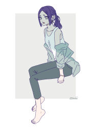 Rule 34 | 1girl, barefoot, border, bracelet, collarbone, commentary request, earrings, grey jacket, grey pants, highres, invisible chair, jacket, jewelry, looking at viewer, medium hair, nail polish, off shoulder, open clothes, open jacket, original, outside border, pants, ponytail, purple hair, purple nails, sakashima 0822, sidelocks, sitting, solo, sweat, tank top, toenail polish, toenails, twitter username, white border, white tank top, yellow eyes