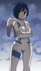 Rule 34 | 1girl, arms under breasts, asymmetrical hair, backlighting, blue hair, bob cut, bodysuit, breasts, cloud, cloudy sky, commentary, cowboy shot, crossed arms, darling in the franxx, gluteal fold, green eyes, hair between eyes, hair ornament, hair over one eye, hairclip, ichigo (darling in the franxx), looking at viewer, medium breasts, onomekaman, pilot suit, short hair, skin tight, sky, smile, solo, standing, tearing up, tears, thigh gap, uniform, white bodysuit