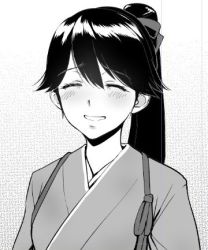Rule 34 | 10s, 1girl, bifidus, blush, bow, closed eyes, commentary request, greyscale, hair between eyes, hair bow, houshou (kancolle), japanese clothes, kantai collection, kimono, long hair, lowres, monochrome, ponytail, sketch, smile, solo, tasuki, upper body