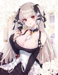 Rule 34 | 1girl, azur lane, bare shoulders, between breasts, black dress, black nails, breasts, choker, cleavage, detached sleeves, dress, earrings, flower border, formidable (azur lane), frilled dress, frills, hair ribbon, highres, jewelry, large breasts, long hair, looking at viewer, nail polish, parted lips, red eyes, ribbon, shichijou natori, silver hair, solo, twintails, two-tone dress, two-tone ribbon, very long hair