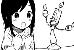 Rule 34 | 1boy, 1girl, beauty and the beast, black hair, candelabra, candlestand, closed eyes, commentary request, crossover, fire, greyscale, high contrast, hitori bocchi, hitoribocchi no marumaru seikatsu, katsuwo (cr66g), long hair, lumiere (disney), monochrome, open mouth, simple background, smile, white background