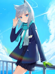 Rule 34 | 1girl, animal ear fluff, animal ears, black skirt, blue archive, blue eyes, blue halo, blue jacket, blue necktie, blue scarf, blue sky, blush, breasts, closed mouth, cloud, cowboy shot, cross hair ornament, day, gloves, glow (user hnpv7785), green gloves, grey hair, hair ornament, halo, highres, jacket, looking at viewer, medium breasts, medium hair, necktie, open clothes, open jacket, pleated skirt, scarf, shiroko (blue archive), shirt, single glove, skirt, sky, solo, white shirt, wolf ears