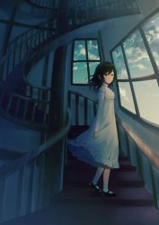 Rule 34 | 1girl, absurdres, achiki, bad id, bad twitter id, black hair, blue eyes, blue sky, closed mouth, cloud, cloudy sky, dress, evening, expressionless, fisheye, frilled dress, frills, from side, full body, highres, indoors, long sleeves, looking at viewer, mary janes, original, shoes, sky, socks, solo, spiral staircase, stairs, standing, white dress, white socks, window