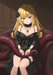 Rule 34 | 1girl, altea aquila (jain no ikenie), black dress, blonde hair, blue eyes, breasts, couch, dress, flower, hair flower, hair ornament, jain no ikenie, jewelry, long hair, medium breasts, open mouth, pendant, satoshiy83, sitting, solo, tentacles