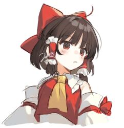 Rule 34 | 1girl, :/, ascot, bare shoulders, blush, bow, breasts, brown hair, closed mouth, commentary request, cropped torso, detached sleeves, expressionless, frilled hair tubes, frilled shirt collar, frills, hair bow, hair tubes, hakurei reimu, jill 07km, looking to the side, red bow, red eyes, red vest, short hair, signature, simple background, small breasts, solo, touhou, upper body, vest, white background, yellow ascot
