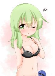 Rule 34 | 1girl, ;o, arm behind back, bare arms, bare shoulders, black bra, blush, bottomless, bra, breasts, cleavage, collarbone, commentary request, green eyes, green hair, groin, hair between eyes, hand up, highres, komeiji koishi, looking at viewer, medium breasts, navel, no headwear, one-hour drawing challenge, one eye closed, out-of-frame censoring, parted lips, pink background, solo, squiggle, stomach, suwa yasai, third eye, touhou, underwear, underwear only, upper body, white background