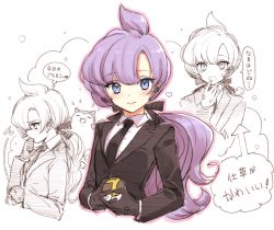 Rule 34 | ..., 1girl, ahoge, anabel (pokemon), arrow (projectile), blazer, blue eyes, blush, collared shirt, creatures (company), earphones, expressions, game freak, gen 1 pokemon, gloves, hair ribbon, heart, highres, image sample, jacket, looking at viewer, low ponytail, necktie, nintendo, pink lips, poke ball, pokemon, pokemon (creature), pokemon sm, purple hair, ribbon, shirt, simple background, sketch, smile, snorlax, speech bubble, text focus, tsukigami runa, ultra ball, upper body, white background