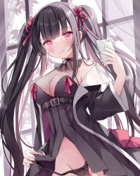 Rule 34 | 1girl, babydoll, belt, black babydoll, black hair, blush, breasts, cellphone, choker, cleavage, closed mouth, commentary, flower, groin, hair flower, hair ornament, hair ribbon, holding, holding phone, hoshino koucha, jacket, leaf, long hair, looking at viewer, navel, open clothes, open jacket, original, panties, panty pull, phone, red eyes, ribbon, smile, string panties, tree, twintails, underwear, window