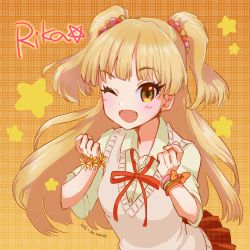 Rule 34 | 10s, 1girl, ;d, blonde hair, blunt bangs, blush, character name, dated, fangs, green eyes, idolmaster, idolmaster cinderella girls, jougasaki rika, long hair, naco (524naco), one eye closed, open mouth, smile, solo, sweater vest, twintails, two side up