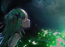 Rule 34 | 1195559384, 1girl, absurdres, bare shoulders, blunt bangs, bug, butterfly, butterfly hair ornament, chinese commentary, commentary request, crying, crying with eyes open, floating hair, from side, glowing butterfly, green butterfly, green hair, hair ornament, hair ribbon, highres, insect, light particles, long hair, long ribbon, looking afar, looking up, murasame (senren), night, night sky, outdoors, parted lips, profile, red eyes, red ribbon, ribbon, sad, senren banka, sky, solo, tears, two side up, upper body