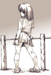 Rule 34 | 1girl, fence, hisahiko, long hair, looking back, monochrome, original, school uniform, sepia, solo, watch