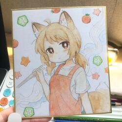 Rule 34 | 156m, 1girl, absurdres, ahoge, animal ear fluff, animal ears, apron, blonde hair, brown eyes, chopsticks, closed mouth, food-themed background, fox ears, fox girl, fox tail, highres, holding, holding chopsticks, looking at viewer, low twintails, medium hair, original, red apron, shikishi, shirt, short sleeves, solo, t-shirt, tail, traditional media, twintails, upper body, white shirt