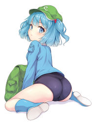 Rule 34 | 1girl, ass, backpack, bag, black one-piece swimsuit, blouse, blue eyes, blue footwear, blue hair, blue shirt, blunt bangs, blush, boots, full body, green hat, hair bobbles, hair ornament, hat, kawashiro nitori, long sleeves, looking at viewer, looking back, no pants, one-piece swimsuit, rubber boots, shirt, short hair, simple background, sitting, solo, swimsuit, swimsuit under clothes, thighs, touhou, two side up, wariza, white background, yamasan