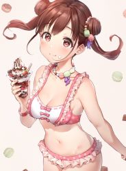 Rule 34 | 1girl, bare arms, bare shoulders, breasts, brown hair, cleavage, collarbone, cowboy shot, cup, dessert, double bun, floating hair, food, food on face, food-themed hair ornament, frills, hair ornament, heart, highres, holding, holding cup, idolmaster, idolmaster shiny colors, long hair, looking at viewer, macaron hair ornament, medium breasts, navel, polka dot, smile, solo, sonoda chiyoko, sparkling eyes, stomach, takeashiro, twintails, wafer stick