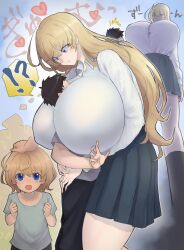 Rule 34 | 1girl, aged up, before and after, between breasts, blonde hair, blue eyes, blue shirt, breast smother, breasts, face to breasts, gigantic breasts, height difference, highres, hug, leaning forward, long hair, long sleeves, murachan (kuzukago), original, pleated skirt, shirt, skirt, standing, tall female, tented shirt