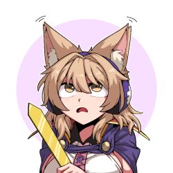 Rule 34 | 1girl, animal ear fluff, animal ears, blush, breasts, cape, formicid, hair between eyes, headphones, holding, kemonomimi mode, large breasts, light brown hair, open mouth, portrait, purple cape, ritual baton, short hair, sideboob, solo, touhou, toyosatomimi no miko, yellow eyes