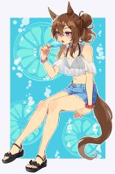 Rule 34 | 1girl, animal ears, arm support, bare shoulders, black footwear, blue shorts, border, bracelet, brown hair, commentary, eating, food, full body, hair between eyes, hand up, highres, holding, horse ears, horse tail, jewelry, knees, lower teeth only, nakayama festa (umamusume), navel, oage (su4i7ri u), off-shoulder shirt, off shoulder, open mouth, popsicle, purple eyes, scrunchie, shirt, shoes, short shorts, shorts, sidelocks, solo, tail, teeth, toes, umamusume, white border, white shirt, wrist scrunchie