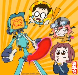 Rule 34 | !, 2boys, 2girls, :3, blue hoodie, blush, brown eyes, canti, erection, eyes visible through hair, fang, fang out, feet out of frame, flcl, gloves, goggles, goggles on headwear, haruhara haruko, heart, heart-shaped pupils, helmet, highres, hood, hood down, hoodie, large penis, motorcycle helmet, multiple boys, multiple girls, nandaba naota, o o, penis, penis awe, pink hair, robot, samejima mamimi, school uniform, sleeves past wrists, spoken character, symbol-shaped pupils, tagme, two-tone background, yellow background