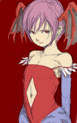 Rule 34 | 1girl, arms behind back, bare shoulders, clothing cutout, collarbone, flat chest, head wings, highres, leotard, lilith aensland, looking at viewer, monochrome background, navel, navel cutout, pantyhose, pen (medium), purple hair, red background, red eyes, simple background, sketch, solo, vampire (game), wings, yamamoto souichirou