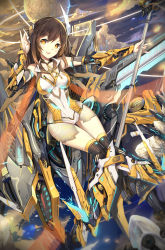 Rule 34 | 1girl, :d, absurdres, adjusting clothes, adjusting headwear, aircraft, airplane, armor, black socks, blush, breasts, brown eyes, brown hair, chinese text, choker, cleavage, cleavage cutout, clothing cutout, collarbone, commentary request, covered navel, detached sleeves, fighter jet, flying, highres, huali, instrument, jet, keyboard (instrument), kneehighs, knees together feet apart, leotard, looking at viewer, mecha musume, military, military vehicle, muta, open mouth, orange eyes, outstretched arm, skin tight, sky, smile, socks, solo, staff, teeth, thigh gap, yan xi
