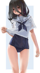 Rule 34 | 1girl, black hair, black neckerchief, black one-piece swimsuit, border, brown eyes, commentary, cowboy shot, hair between eyes, katahira masashi, blue background, long hair, looking down, neckerchief, one-piece swimsuit, original, parted lips, school uniform, serafuku, shirt, shirt hold, solo, standing, swimsuit, swimsuit under clothes, symbol-only commentary, two-tone background, white border, white shirt