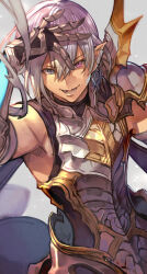 Rule 34 | 1boy, armor, armpit peek, gauntlets, granblue fantasy, grey hair, grimnir (granblue fantasy), hair between eyes, hand on own head, heterochromia, highres, hungry clicker, looking at viewer, lower teeth only, male focus, open mouth, pointy ears, smile, solo, teeth