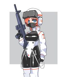 Rule 34 | 1girl, assault rifle, black bodysuit, black gloves, blue eyes, bodysuit, borrowed design, breasts, chikuwa fan973, commentary, cowboy shot, cropped jacket, english commentary, engrish commentary, eyebrows hidden by hair, finger on trigger, gloves, gun, head-mounted display, helmet, highleg, highleg leotard, holding, holding gun, holding weapon, large breasts, leotard, mask, mouth mask, original, red hair, rifle, short hair, solo, suppressor, thighhighs, weapon, white leotard, white thighhighs