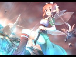 Rule 34 | 10s, 1girl, anime coloring, blonde hair, boots, bracelet, braid, breasts, cleavage, dutch angle, elf, fairy wings, flying, jewelry, leafa, letterboxed, long hair, long sleeves, pointy ears, ponytail, puffy sleeves, scenery, shirotaso0818, shorts, side braid, smile, solo, sword art online, thighhighs, twin braids, white thighhighs, wings